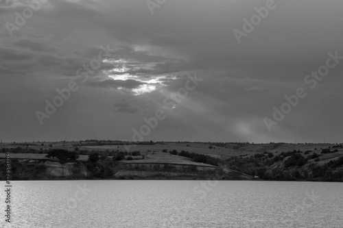Evening river landscape in black and white