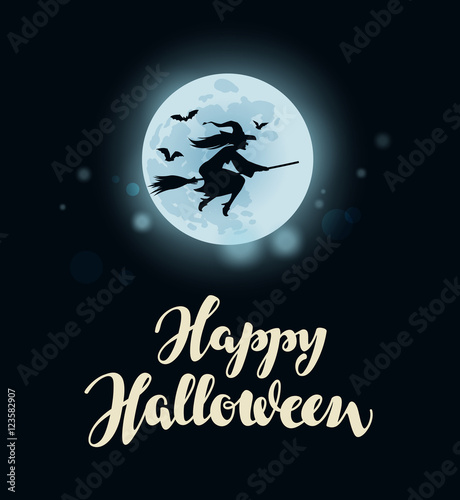 Happy Halloween. Full moon, witch flying on broomstick