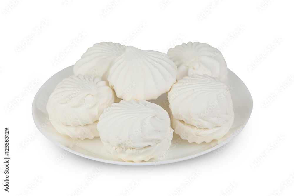 Delicious white vanilla marshmallow on plate on white