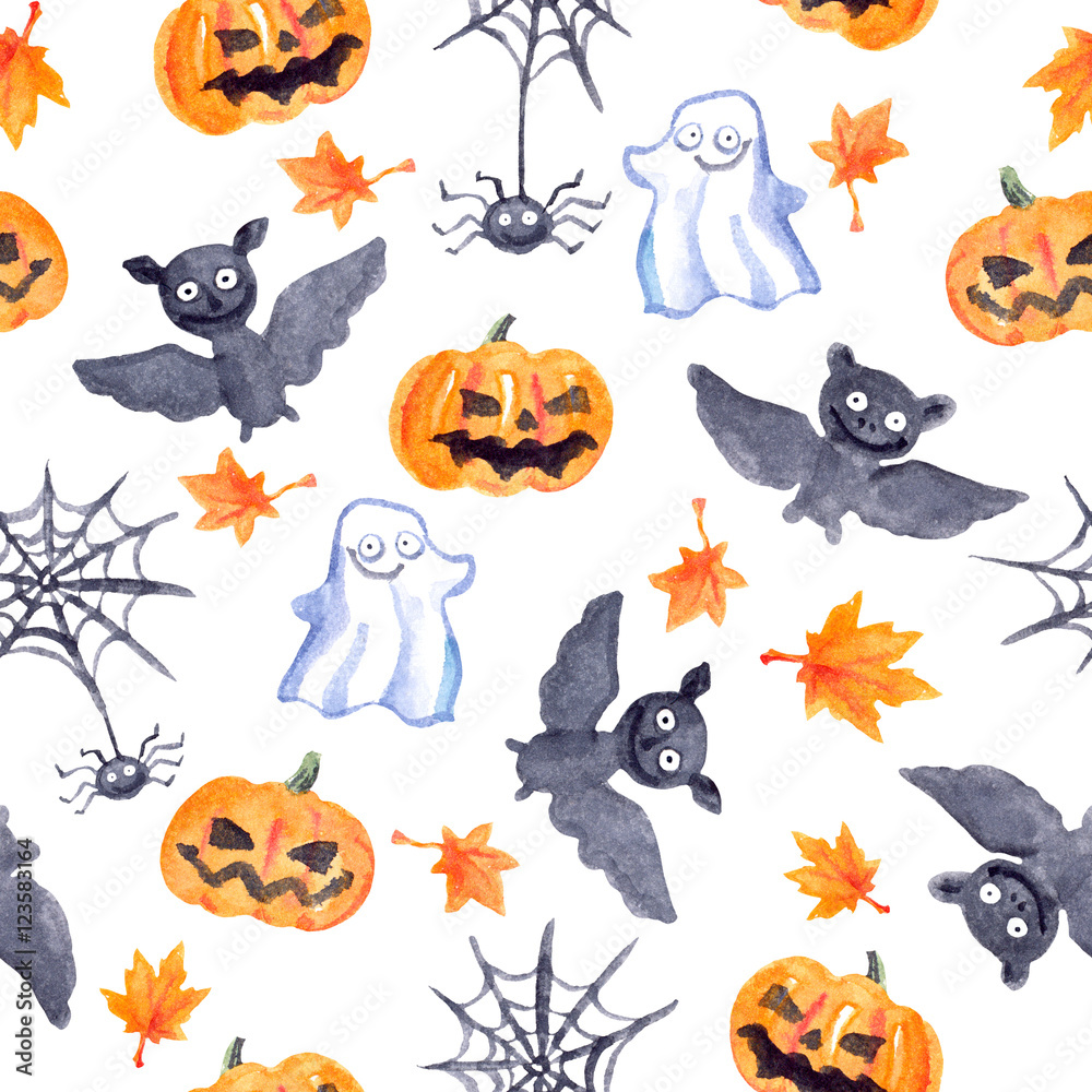 Halloween seamless pattern - pumpkin, bat, ghost, spider. Cute watercolor