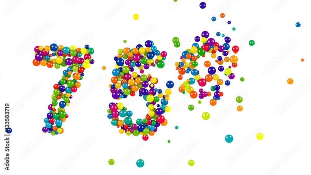 75, seventy-five percent, symbol in festive colors formed of rainbow colored balls over a white background for promotional advertising 75, seventy-five percent, symbol in festive colors formed of rainbow colored balls over a white background for promotional advertising