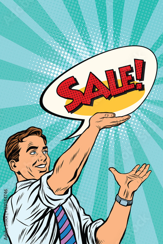 Pop art retro man announcing sales