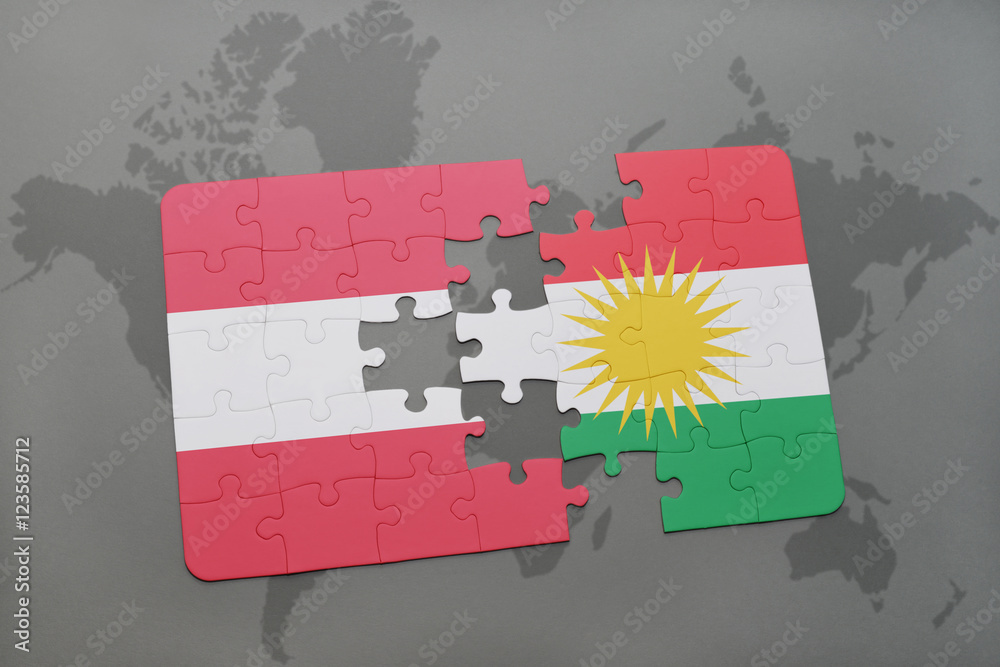 puzzle with the national flag of austria and kurdistan on a world map ...