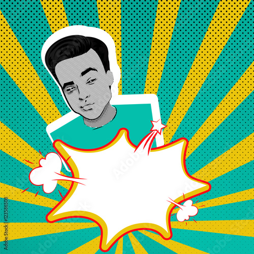 Attractive man pop art makes selfie duck face