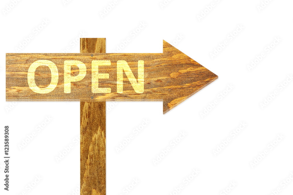 Open text on wooden arrow Sign in White Background Open text on wooden arrow Sign in White Background