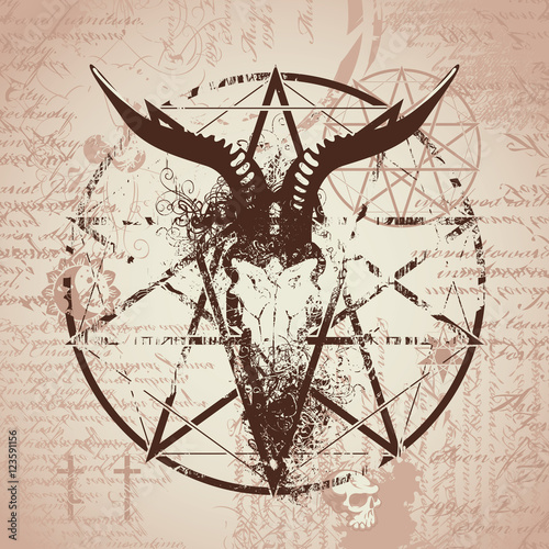 vector illustration with skull of goat and pentagram with splashes on the background of old papyrus with magical inscriptions and symbols