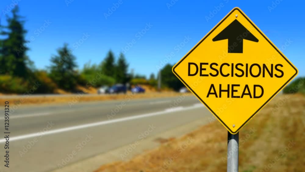 4K Decisions Ahead, Yellow Diamond Road Sign, Seamless Looping 4K Decisions Ahead, Yellow Diamond Road Sign, Seamless Looping