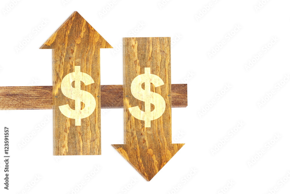 Obraz premium up and down dollar text on wooden arrow in white background