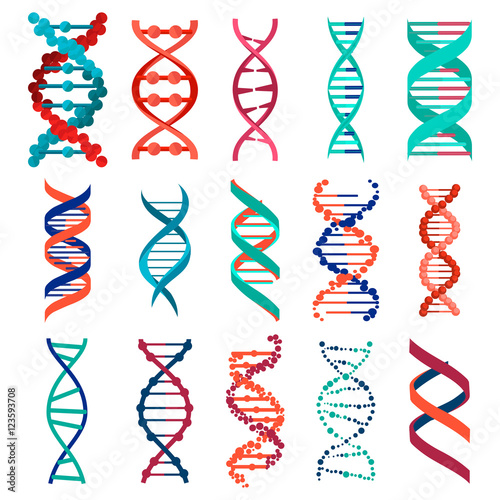 DNA molecule sign set, genetic elements and icons collection strand. Vector 