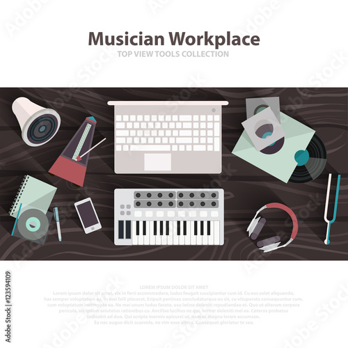 Musician workspace vector flat illustrations. Musician working cabinet with digital equipment. Sound art concept. Computer, headphones, guitar, sequencer, loudspeaker isolated on white background