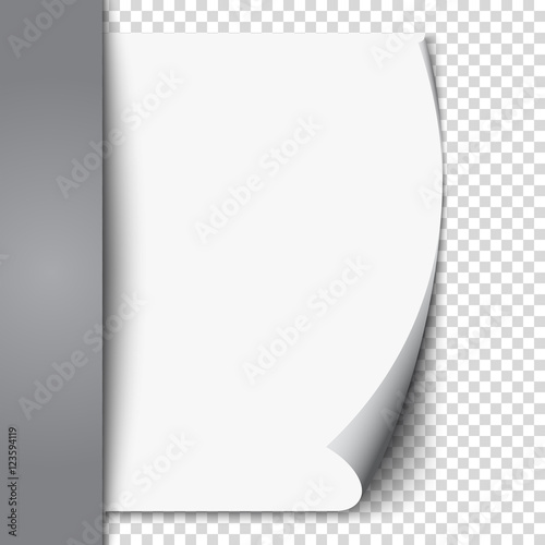 New white page curl on blank sheet isolated paper. Realistic empty folded page. Transparent design sticker. Vector background graphic illustration 