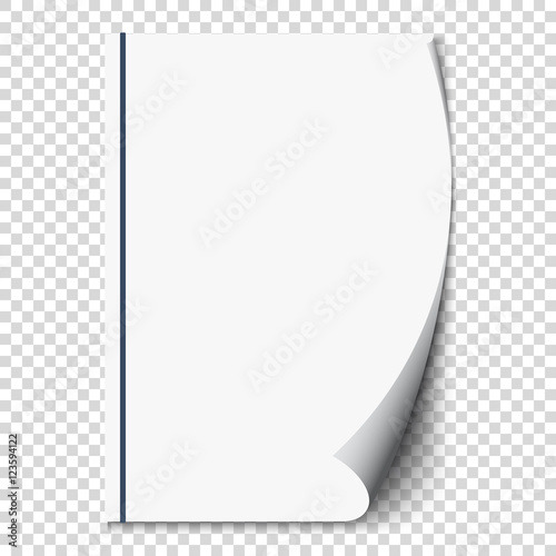 New white page curl on blank sheet isolated paper. Realistic empty folded page. Transparent design sticker. Vector background graphic illustration 