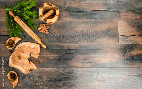 Christmas tree branches with spices baking tools