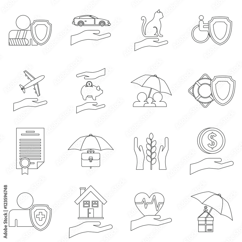 Insurance icons set. Outline illustration of 16 insurance vector icons for web Insurance icons set. Outline illustration of 16 insurance vector icons for web