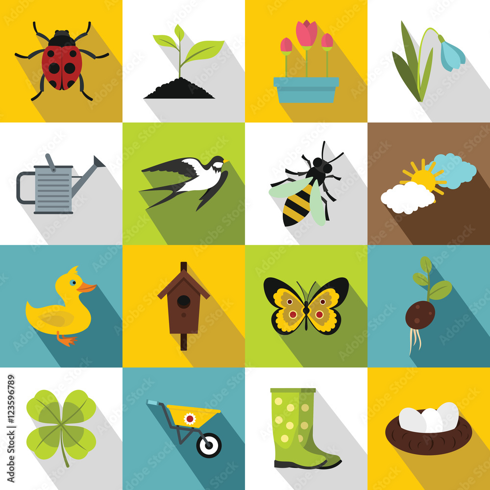 Spring icons set. Flat illustration of 16 spring vector icons for web