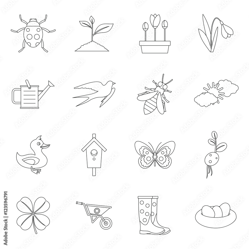 Spring icons set. Outline illustration of 16 spring vector icons for web