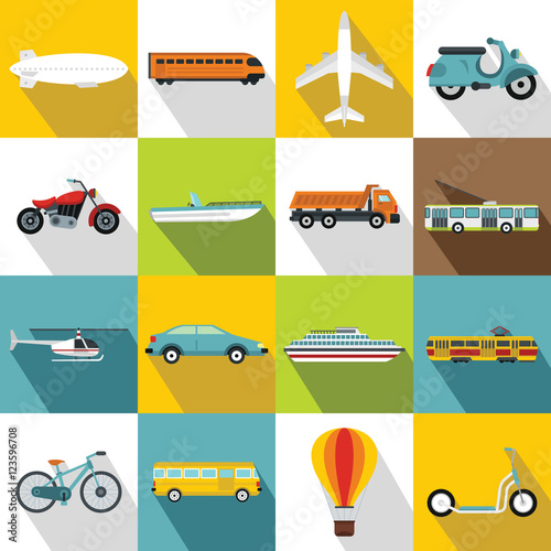 Transportation icons set. Flat illustration of 16 flat vector icons for web