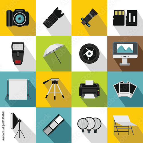 Photo studio icons set. Flat illustration of 16 photo studio vector icons for web