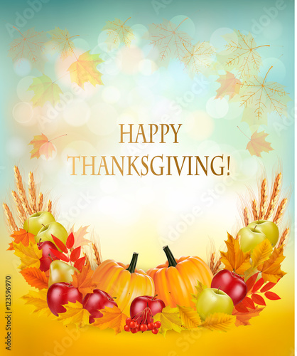 Thanksgiving background with autumn fruit and leaves. Vector.