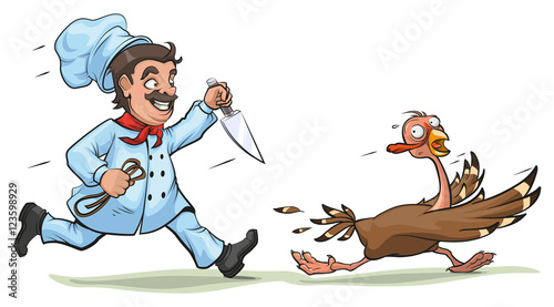 Cook with knife pursues frightened turkey. Fun concept for Thanksgiving Day