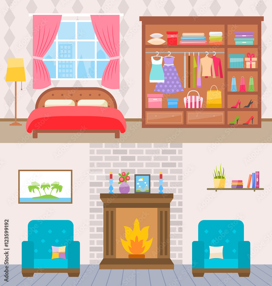 Bedroom with furniture and window. Wardrobe with clothes and mirror. Flat style vector illustration. Bedroom with furniture and window. Wardrobe with clothes and mirror. Flat style vector illustration.