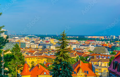 Photography aerial view of the slovakian capital bratislava taken from the slavin hill