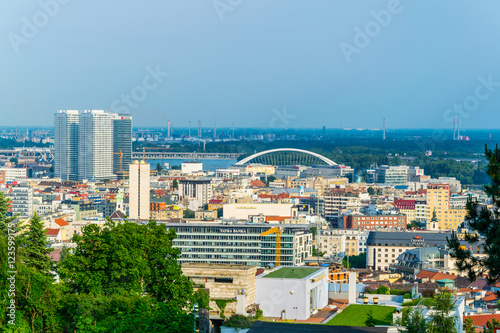 Photography aerial view of the slovakian capital bratislava taken from the slavin hill