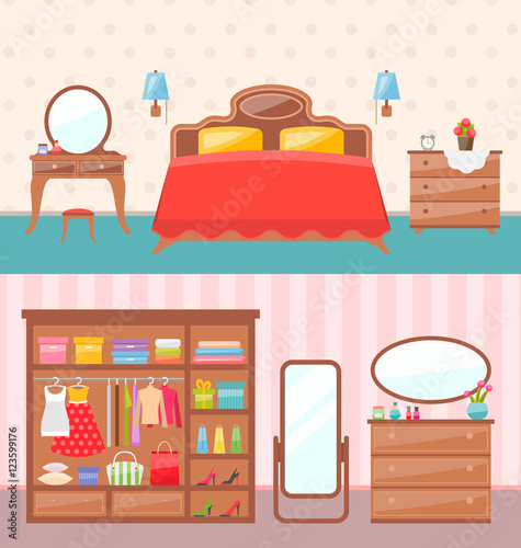 Flat design bedroom interior. Vector illustration. Modern furniture, bunk bed, carpet, table lamp. Baby room with toys.