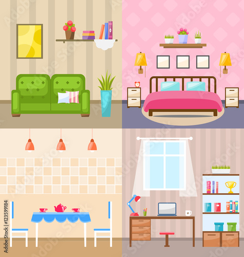 Set Room Interiors with Furniture Flat Icons