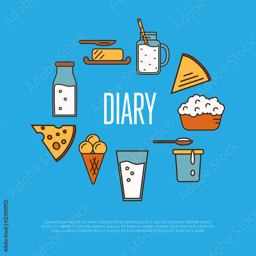 Dairy banner with milk products composition isolated on blue background, vector illustration. Healthy nutritious concept with butter, ice cream, milk, yoghurt, cheese, kefir. Organic farmers food.
