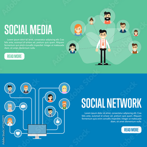 Smiling cartoon man with own successful social network. Round people icons connected with laptop. Social media network banners, vector illustration. Connecting people. Teamwork concept