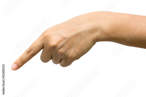 isolated female hand touching or pointing to something.Clipping path included