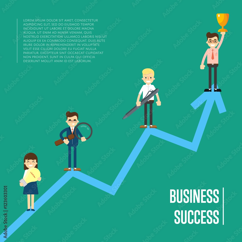 Group of cartoon business people standing on arrow graph, isolated vector illustration on green background. Business success concept. Teamwork and corporate profit with statistical trend. Win concept Group of cartoon business people standing on arrow graph, isolated vector illustration on green background. Business success concept. Teamwork and corporate profit with statistical trend. Win concept