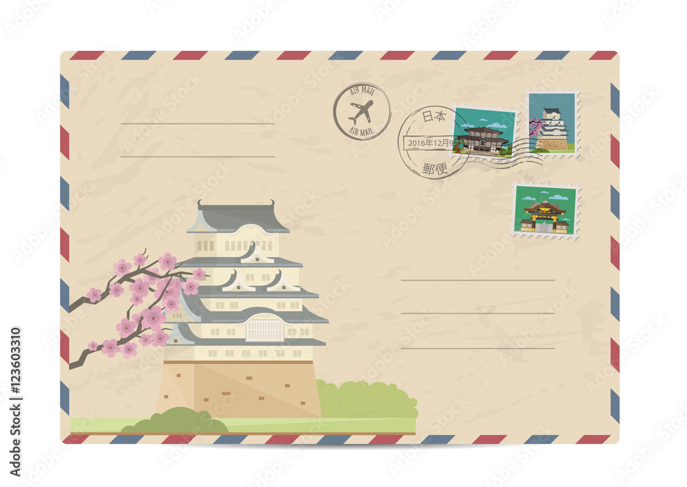 Japan vintage postal envelope with postage stamps and postmarks on white background, isolated vector illustration. Japanese ancient temple. Air mail stamp. Postal services. Envelope delivery.