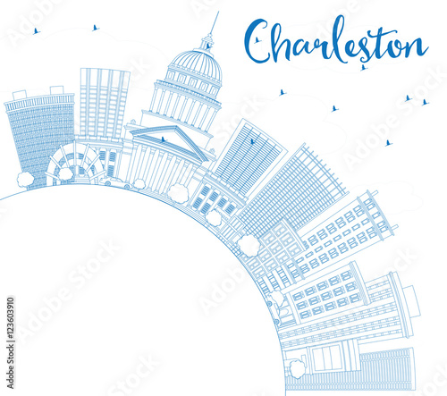 Outline Charleston Skyline with Blue Buildings and Copy Space.