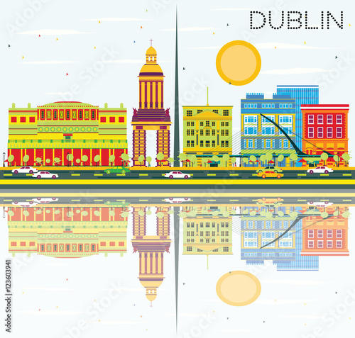Dublin Skyline with Color Buildings, Blue Sky and Reflections.