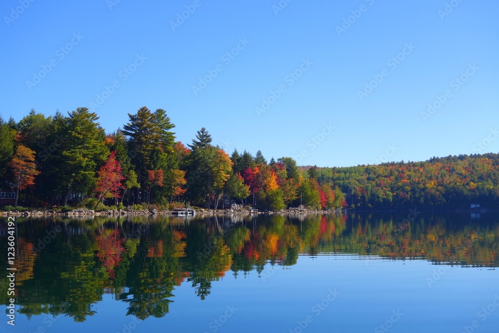 a peaceful new england lake in the autumn