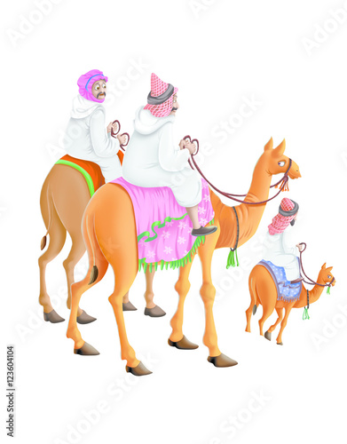 Three Arabic men on camels