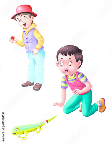 Boy holds a strawberry and ...