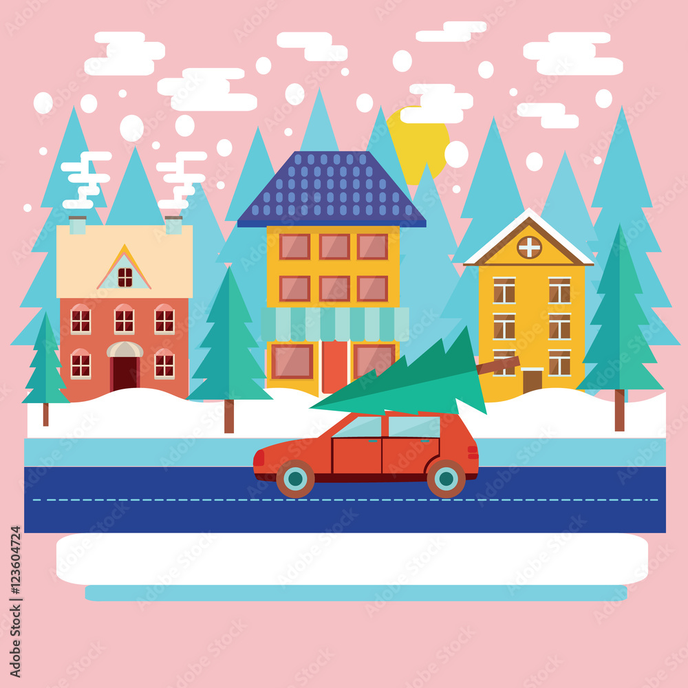  Winter city landscape with firs in flat modern style.