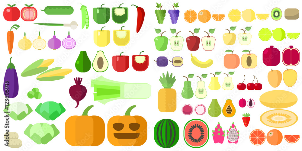 Fruit and vegetables set. Vector flat products