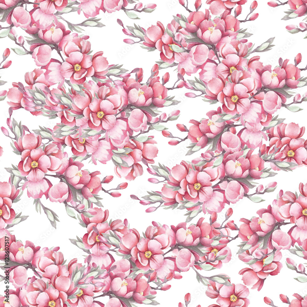 Seamless pattern with the Japanese quince. Watercolor illustration.
