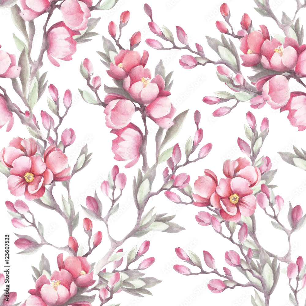 Seamless pattern with the Japanese quince. Watercolor illustration.