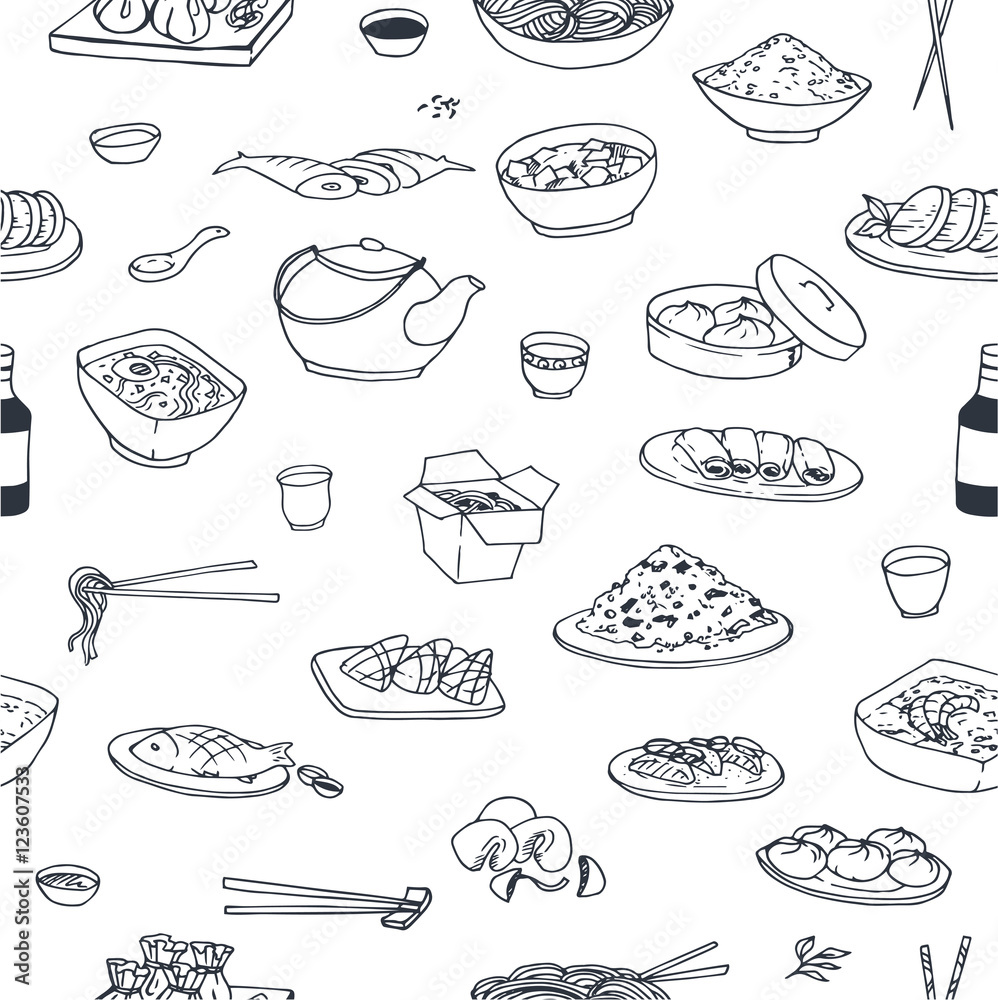 Doodle seamless pattern with different chinese food. Repeated background  with food. Stock Vector | Adobe Stock
