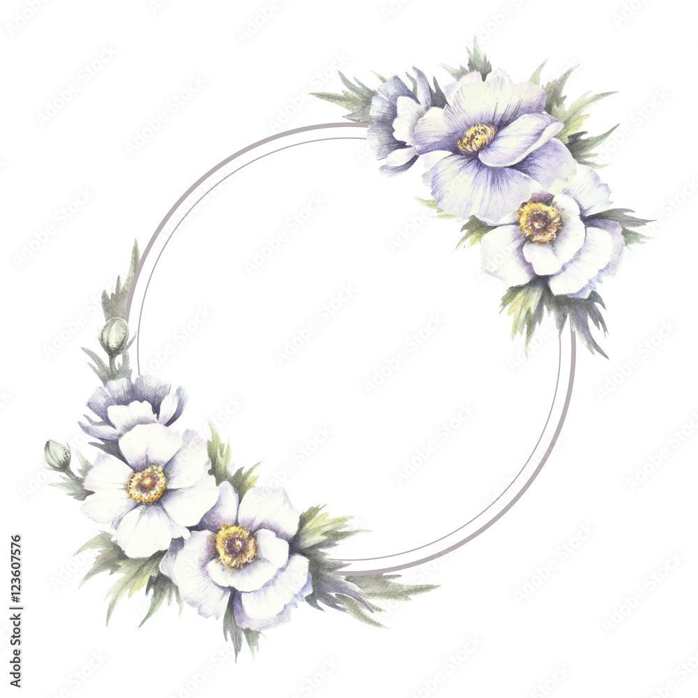 Frame with anemones. Hand draw watercolor illustration. Frame with anemones. Hand draw watercolor illustration.