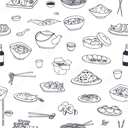 Doodle seamless pattern with different chinese food. Repeated background with food.