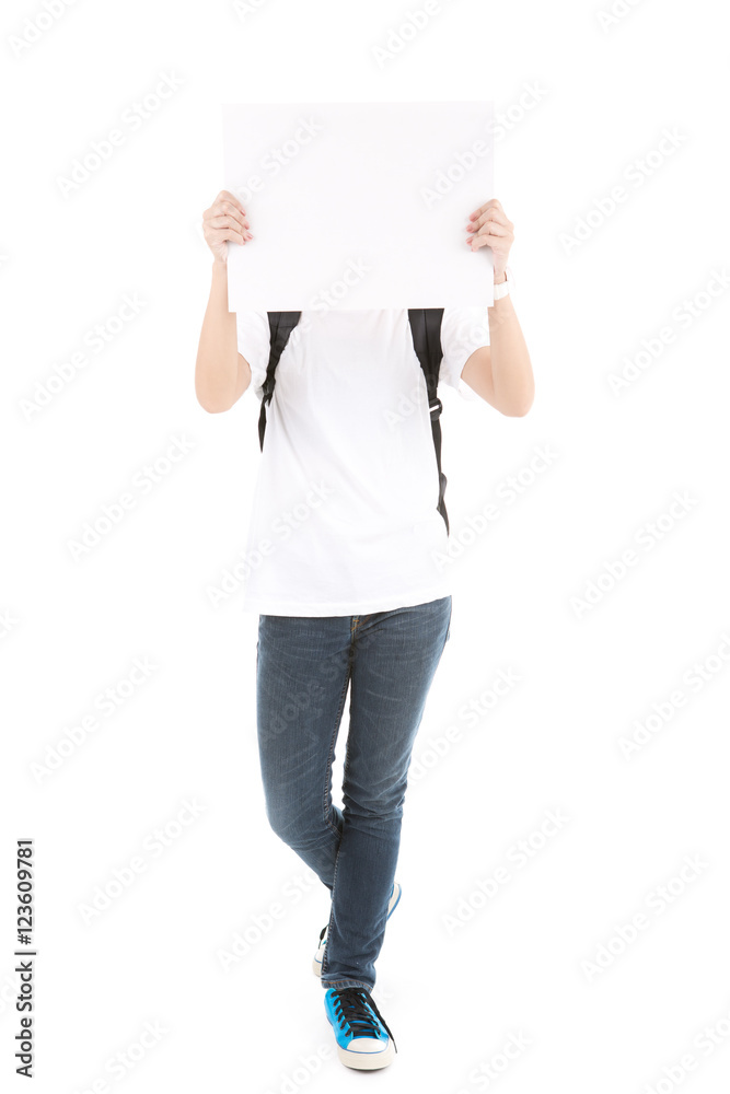 Young Asian showing blank empty billboard poster sign. Isolated