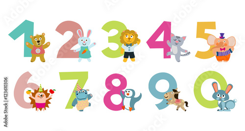 Kids numbers with cartoon animals vector illustration