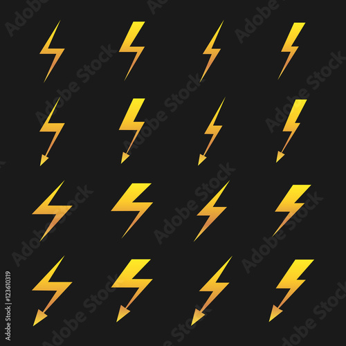 Set of yellow lightnings isolated over black