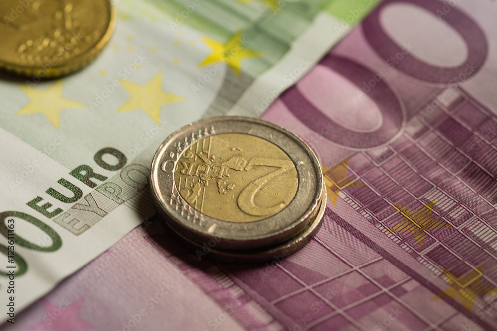 Euro coins and banknotes money. Macro background. StockFoto Adobe Stock